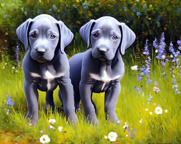 Two Great Dane Puppies in Colorful Garden with Flowers