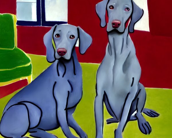 Stylized grey dogs with expressive eyes indoors on yellow and red floors.