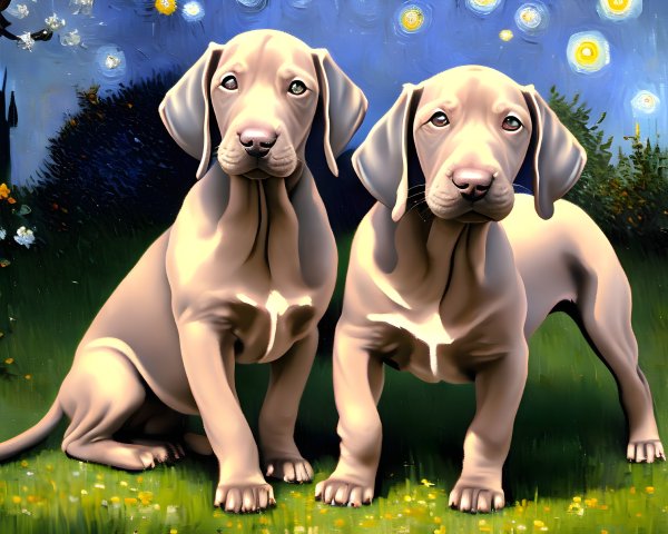 Grey Weimaraner puppies with blue eyes on grass under starry night sky.