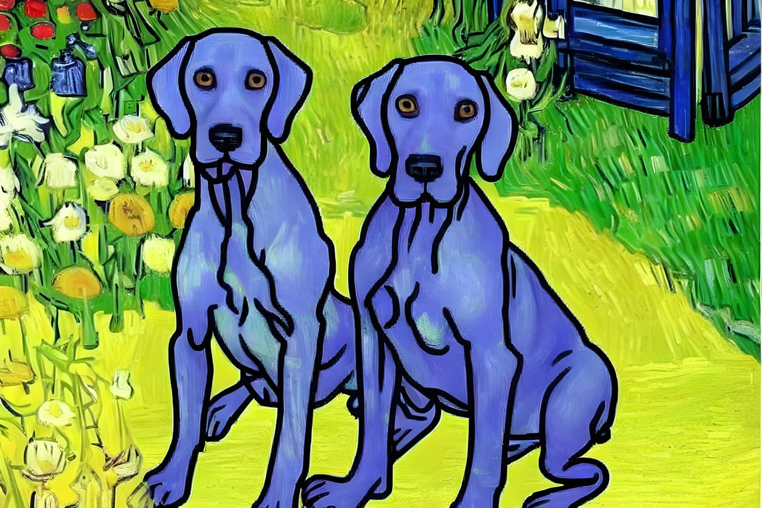 Stylized blue dogs in front of colorful background with floral and window elements