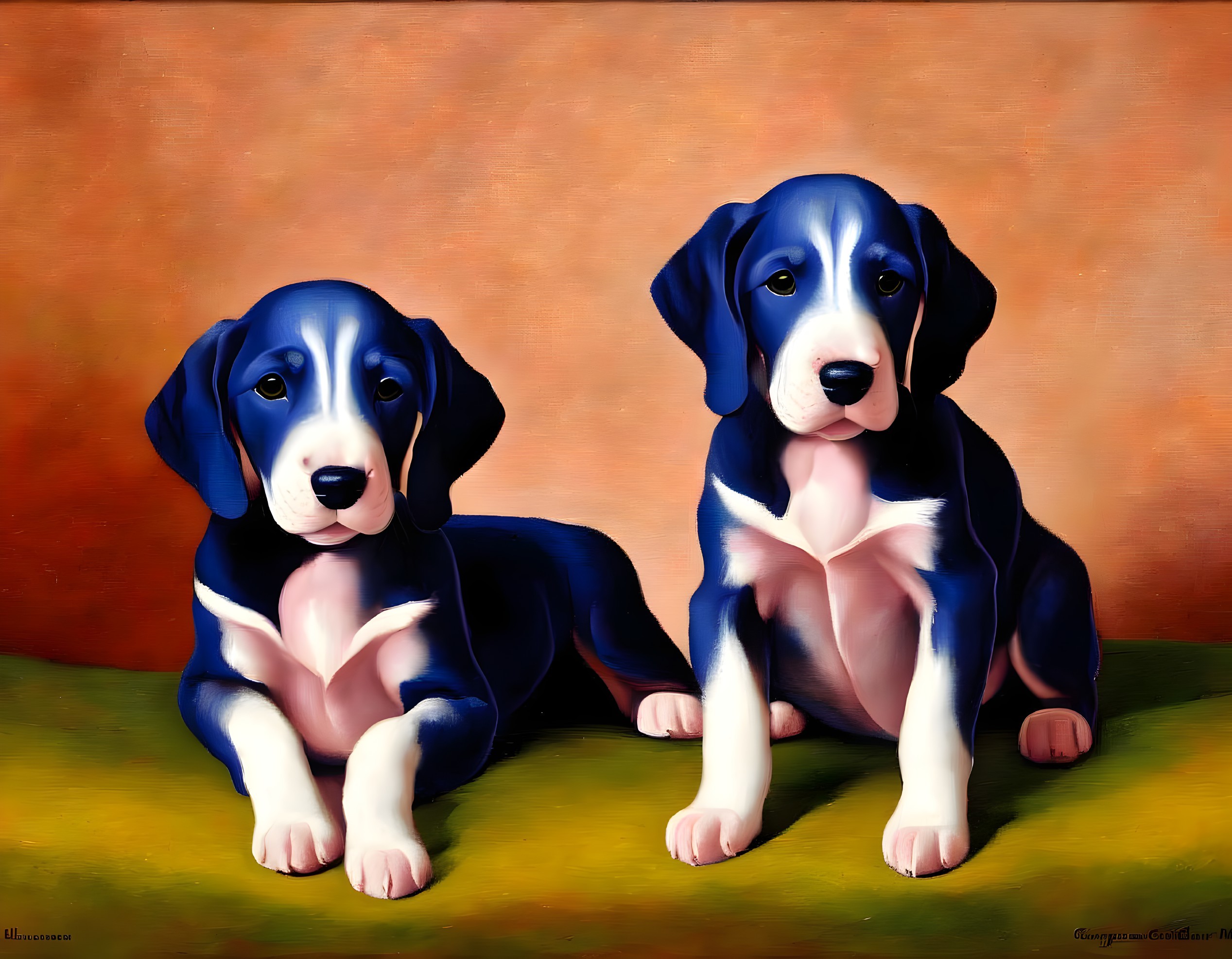 Two black and white puppies on orange background