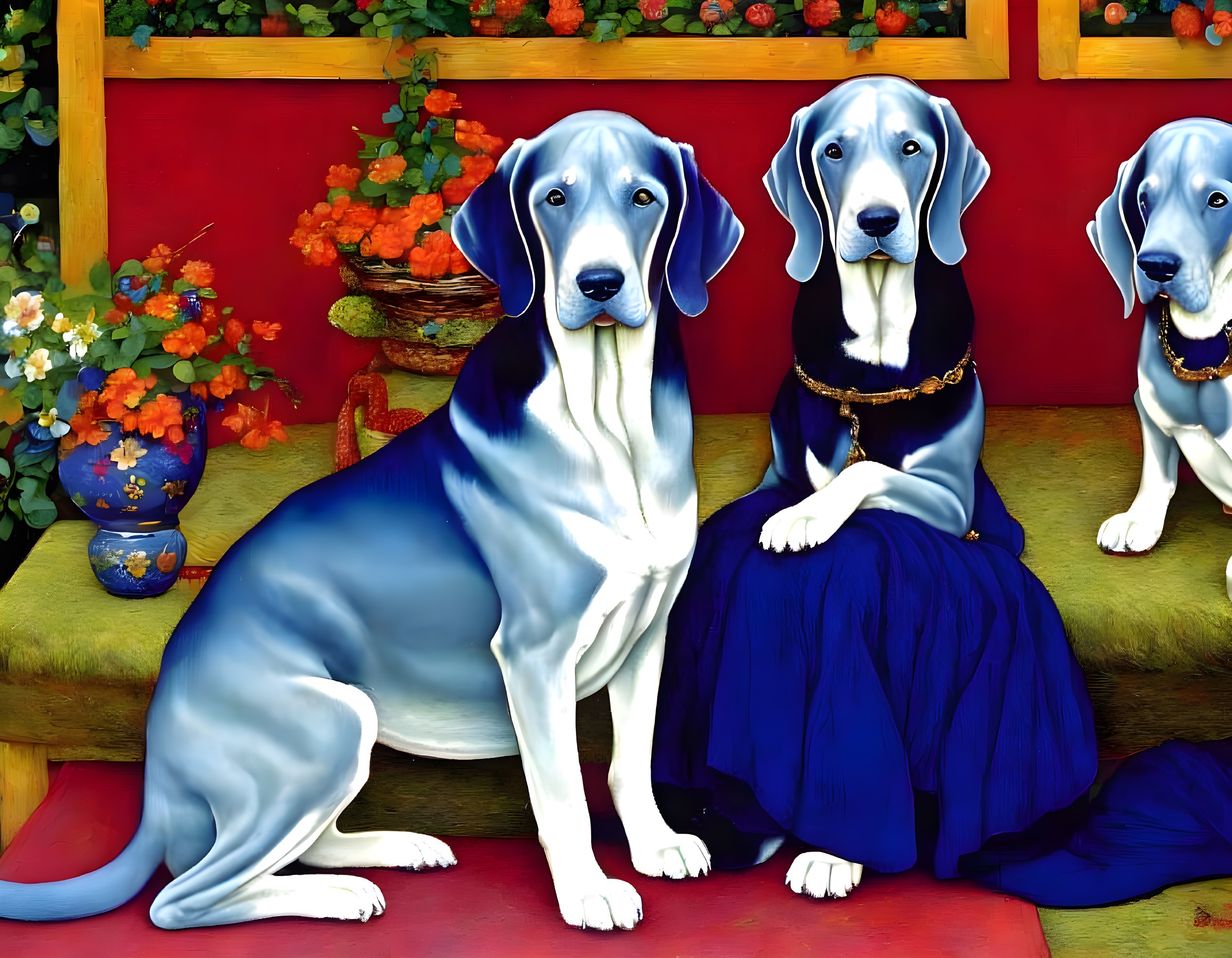 Anthropomorphic dogs in luxurious attire on red bench with flower pot