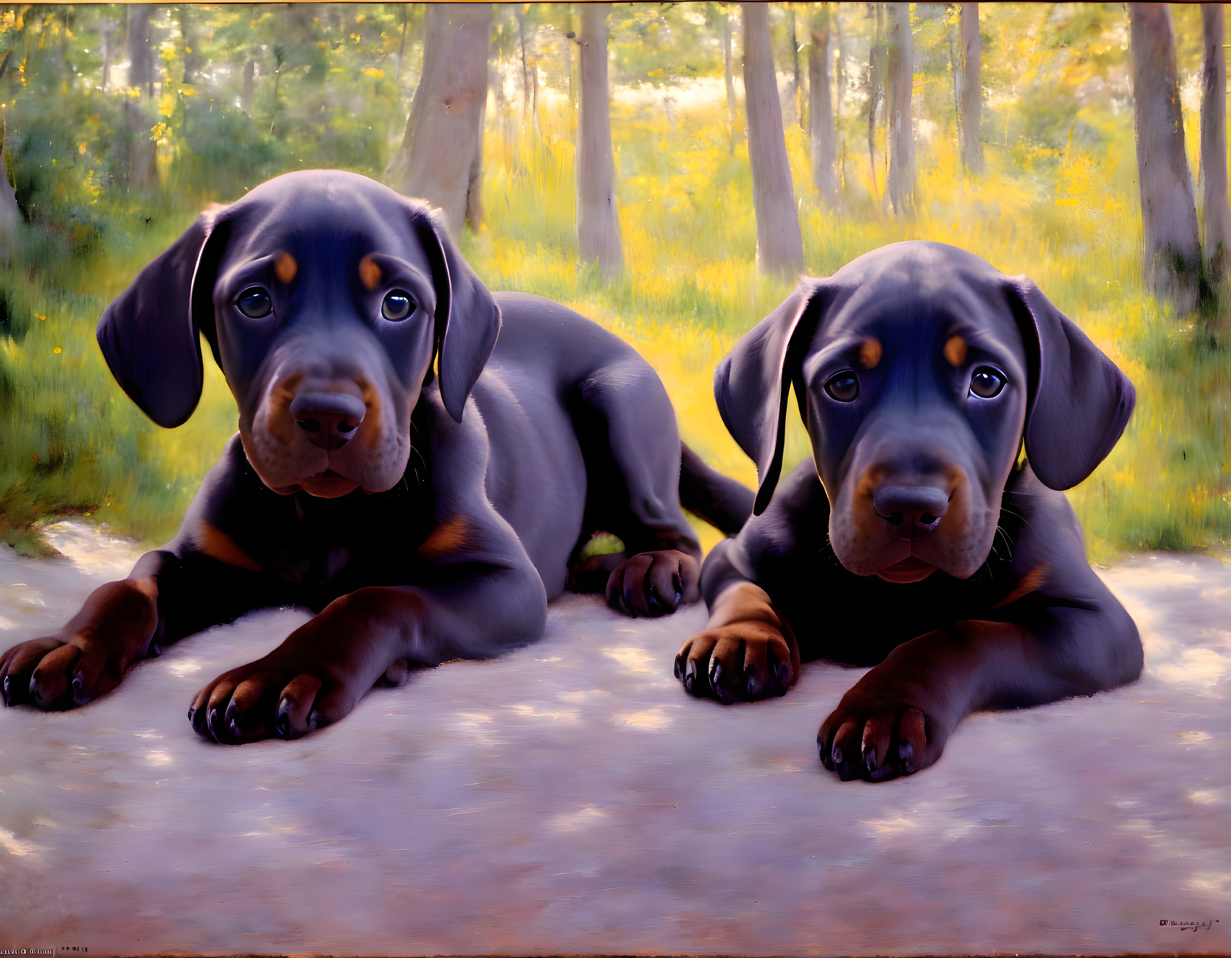 Two black puppies with bright eyes resting on ground with sunny, wooded backdrop