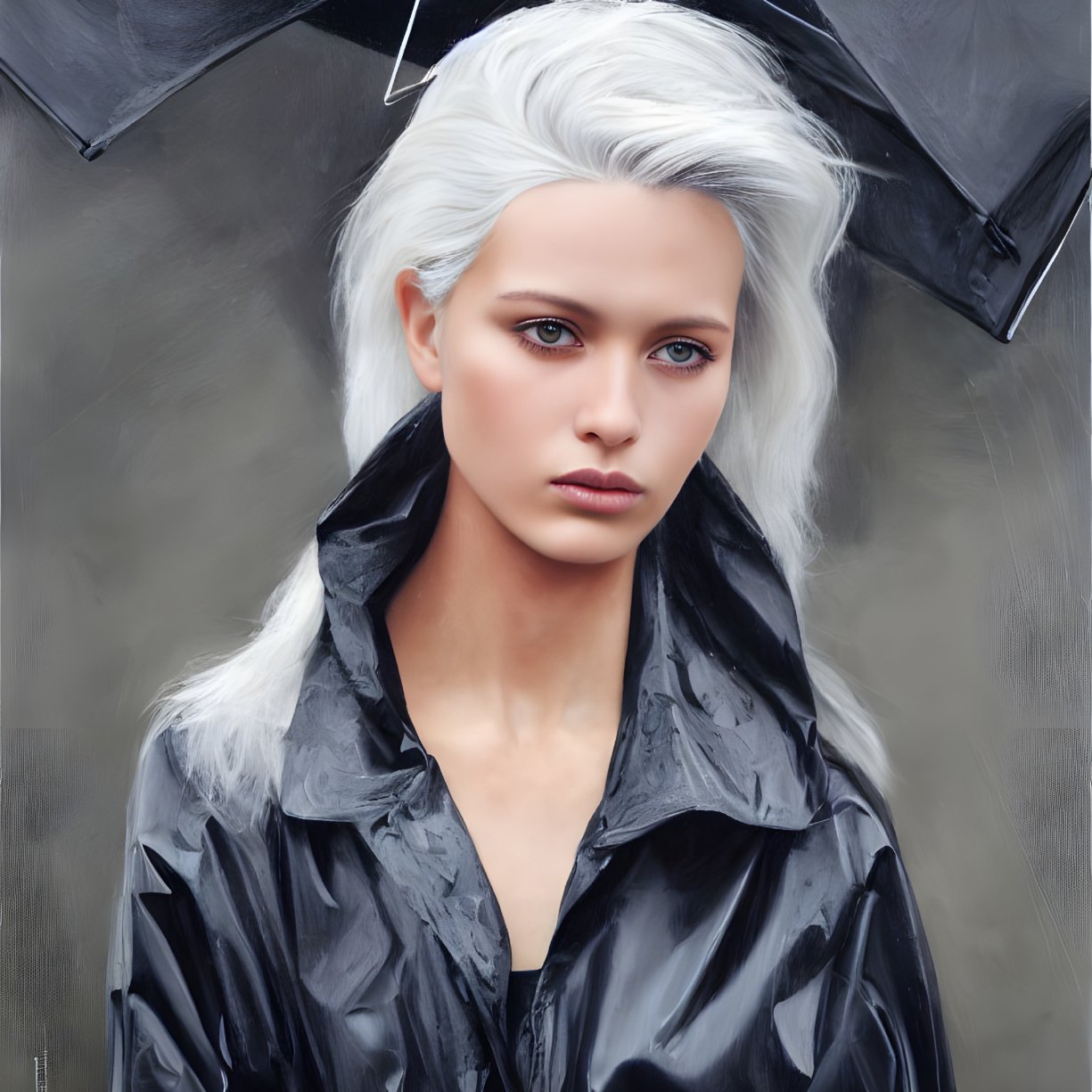 Platinum Blonde Person with Blue Eyes in Black Raincoat and Umbrella