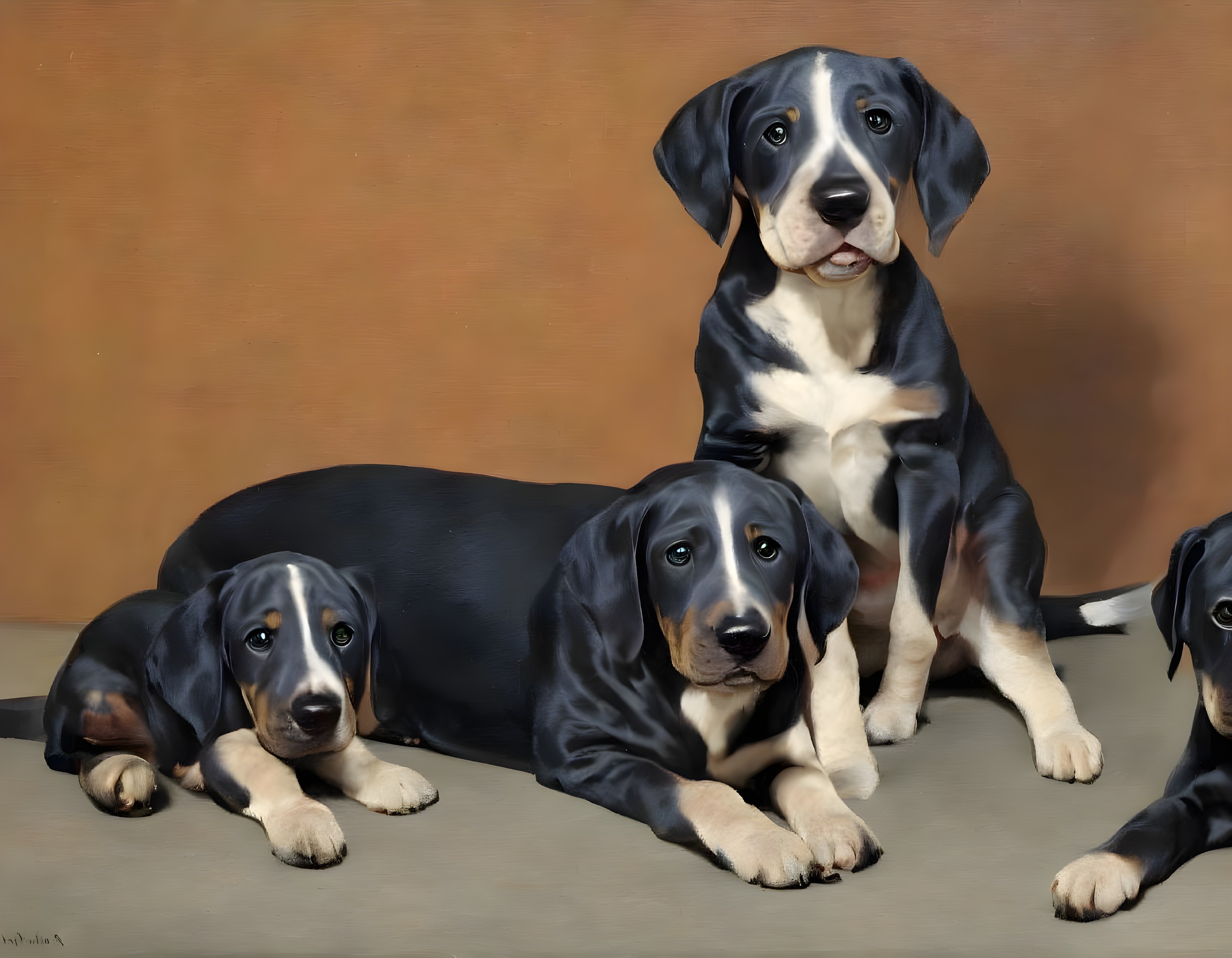 Three Black and Tan Puppies with Floppy Ears on Neutral Background