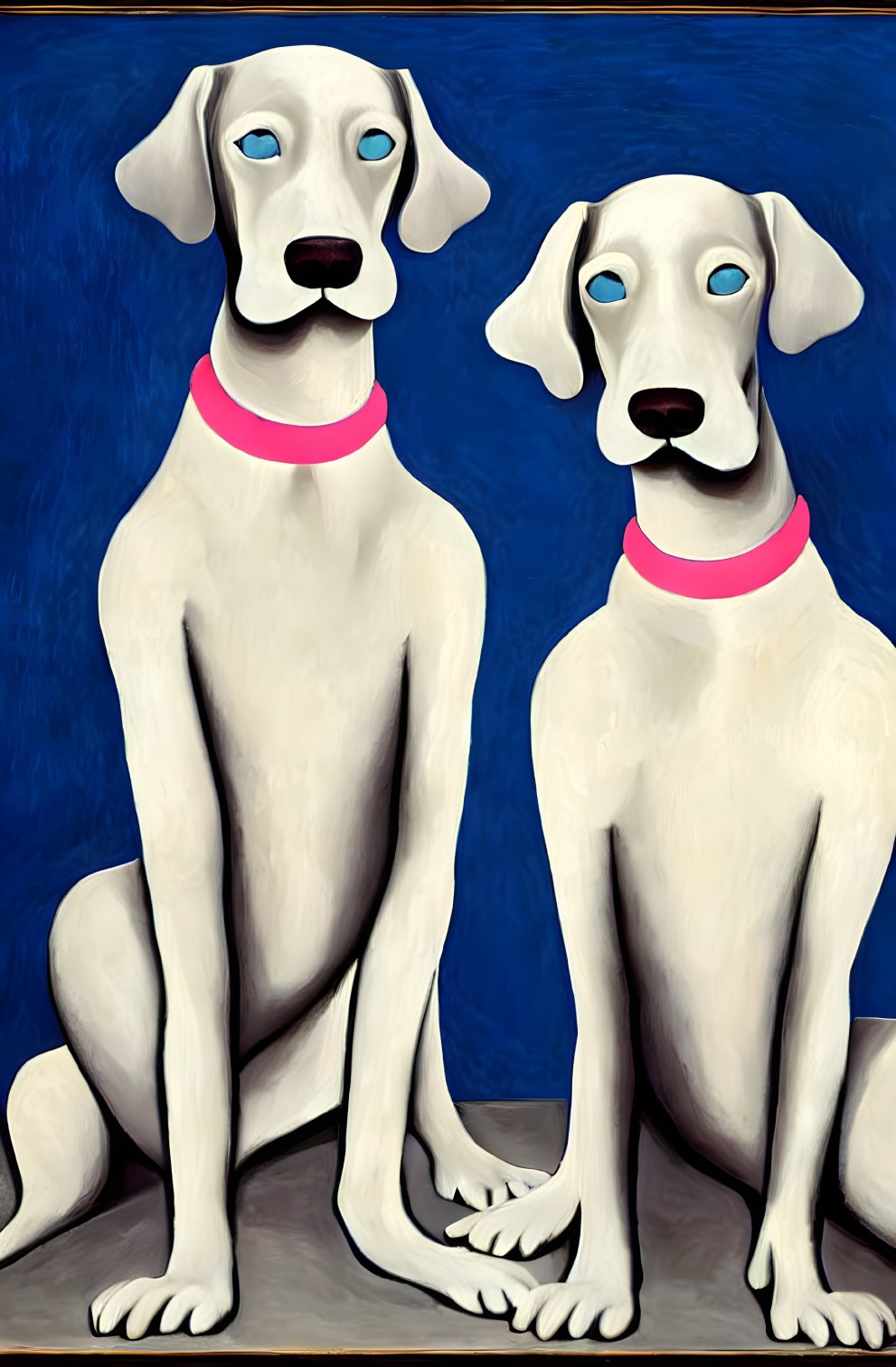 Stylized white dogs with pink collars on blue background portrait illustration