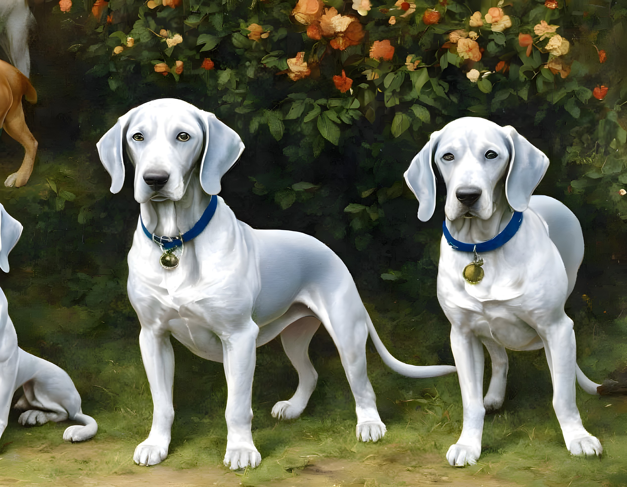 Two White Dogs with Blue Collars and Medals in Front of Orange Flower Bush