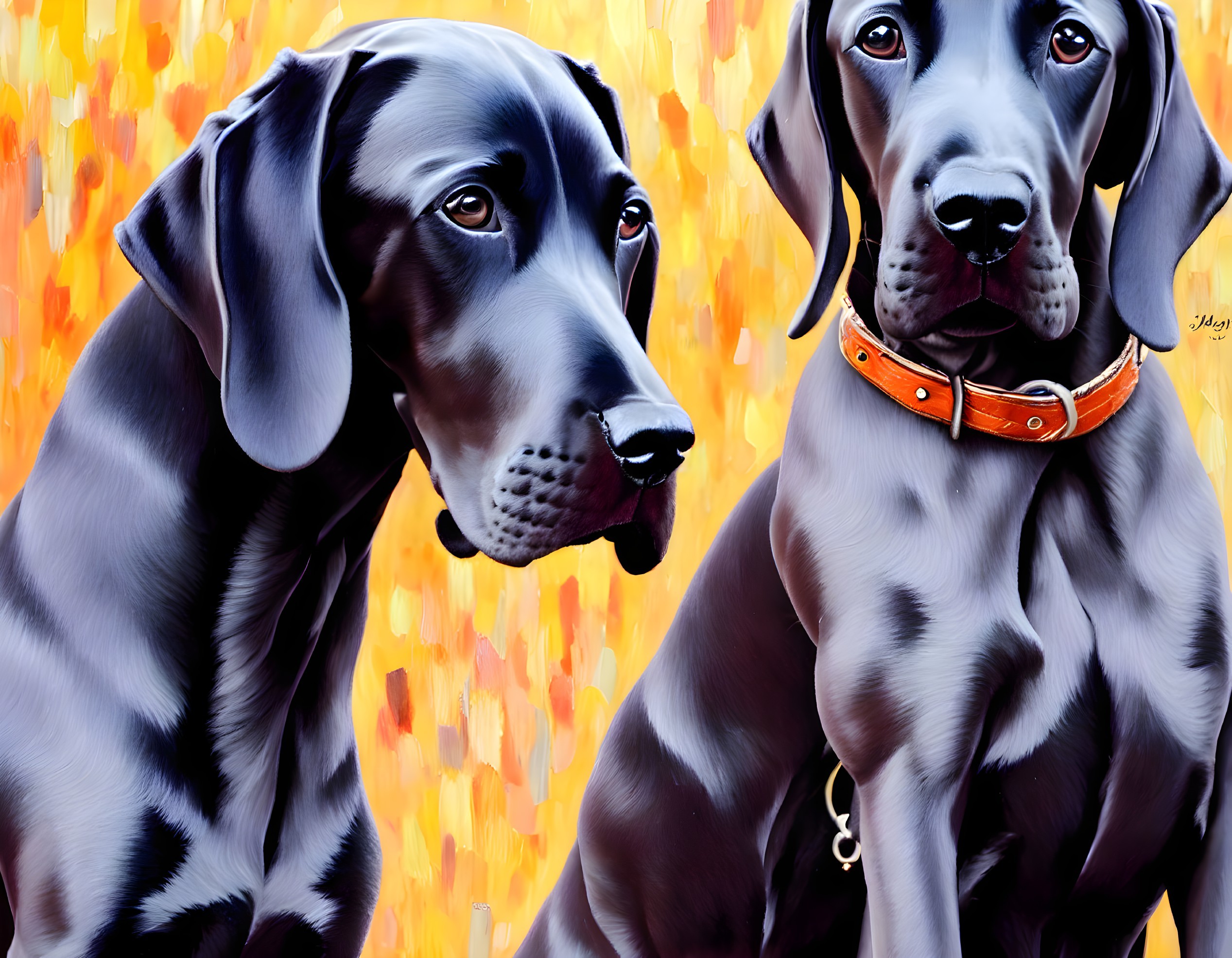Realistic Weimaraner Dogs with Grey Coats and Orange Collars on Fiery Background
