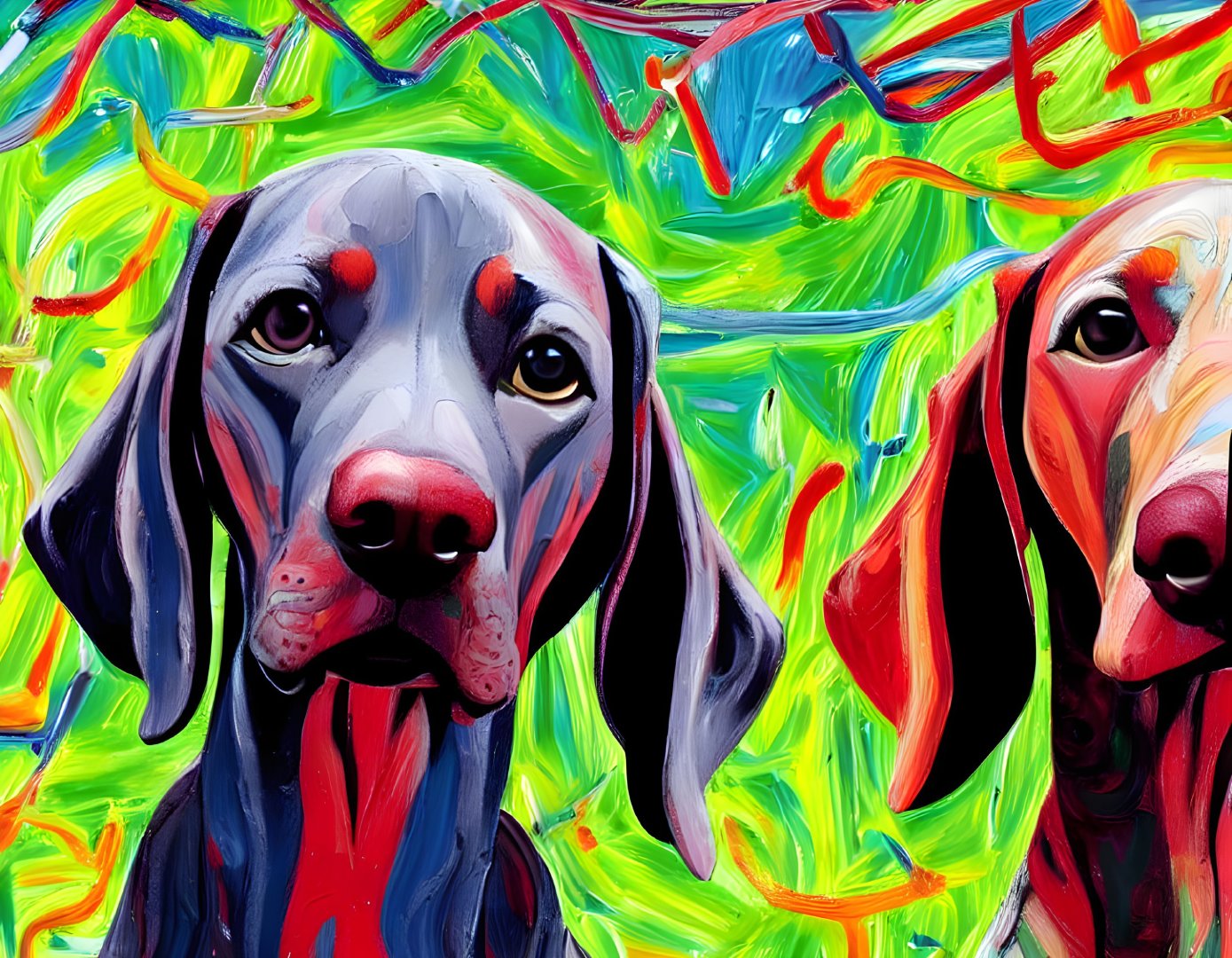 Colorful Stylized Dog Paintings Against Abstract Background