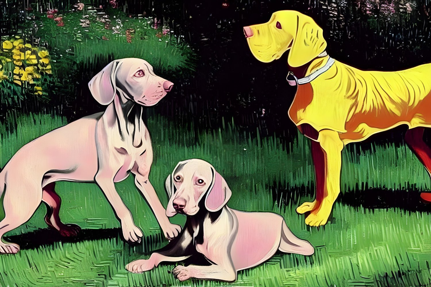 Stylized dogs in colorful grassy setting