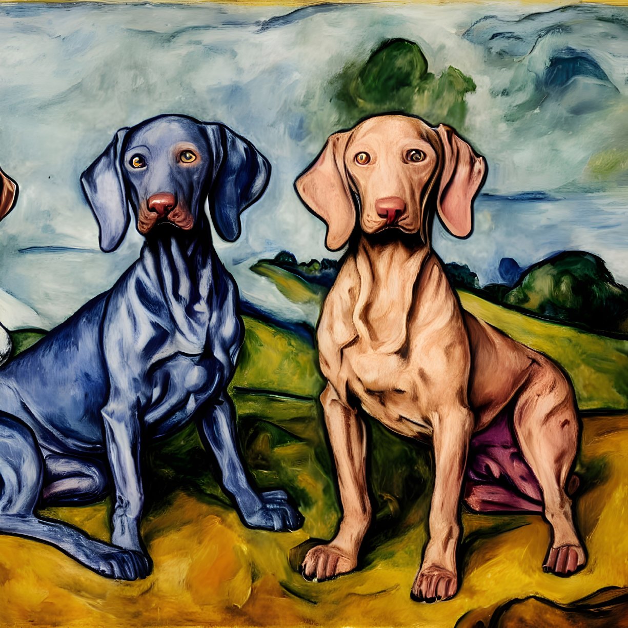 Stylized blue and brown dogs in colorful, wavy landscape