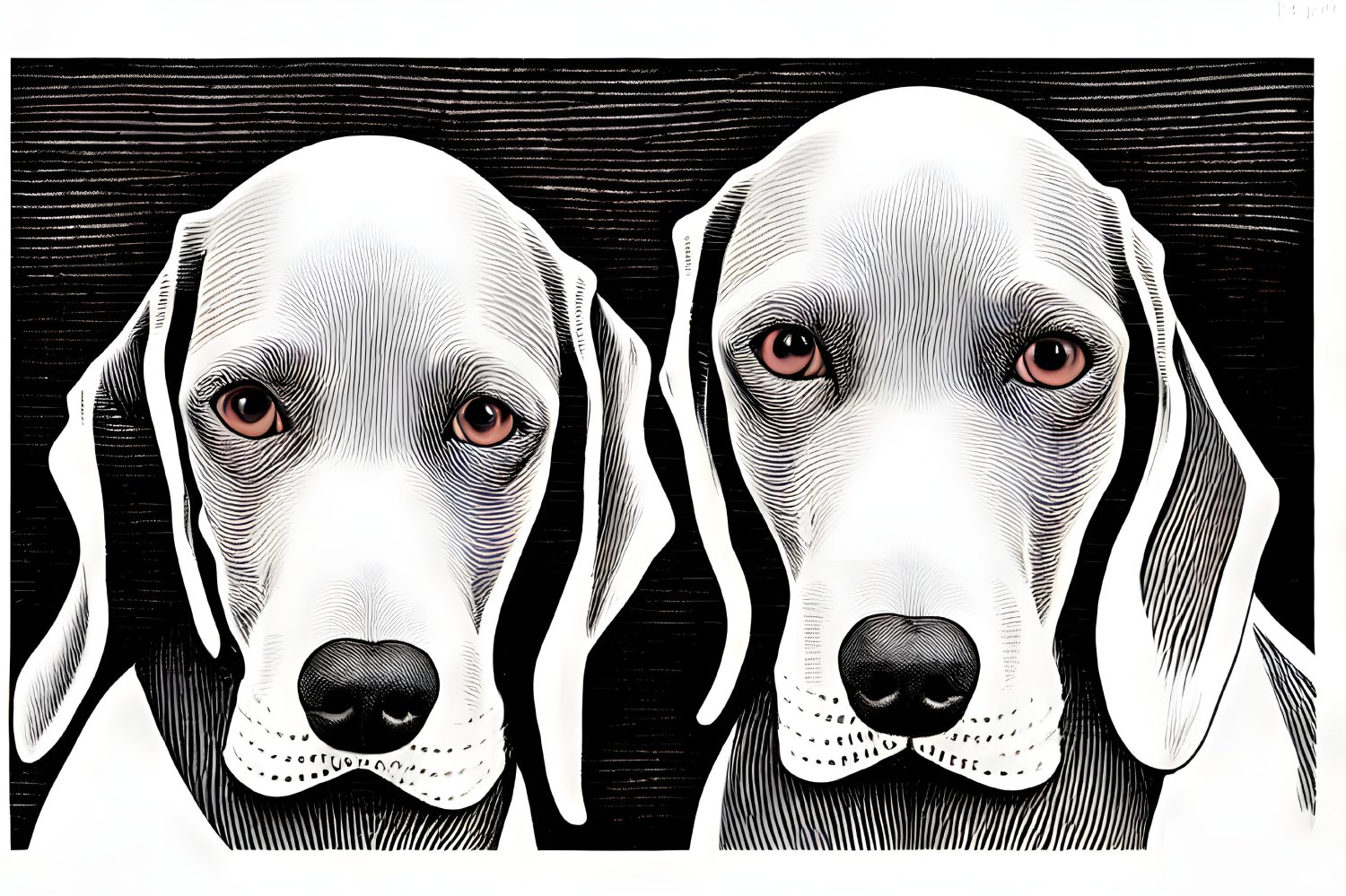 Stylized white dogs with soulful eyes on dark background