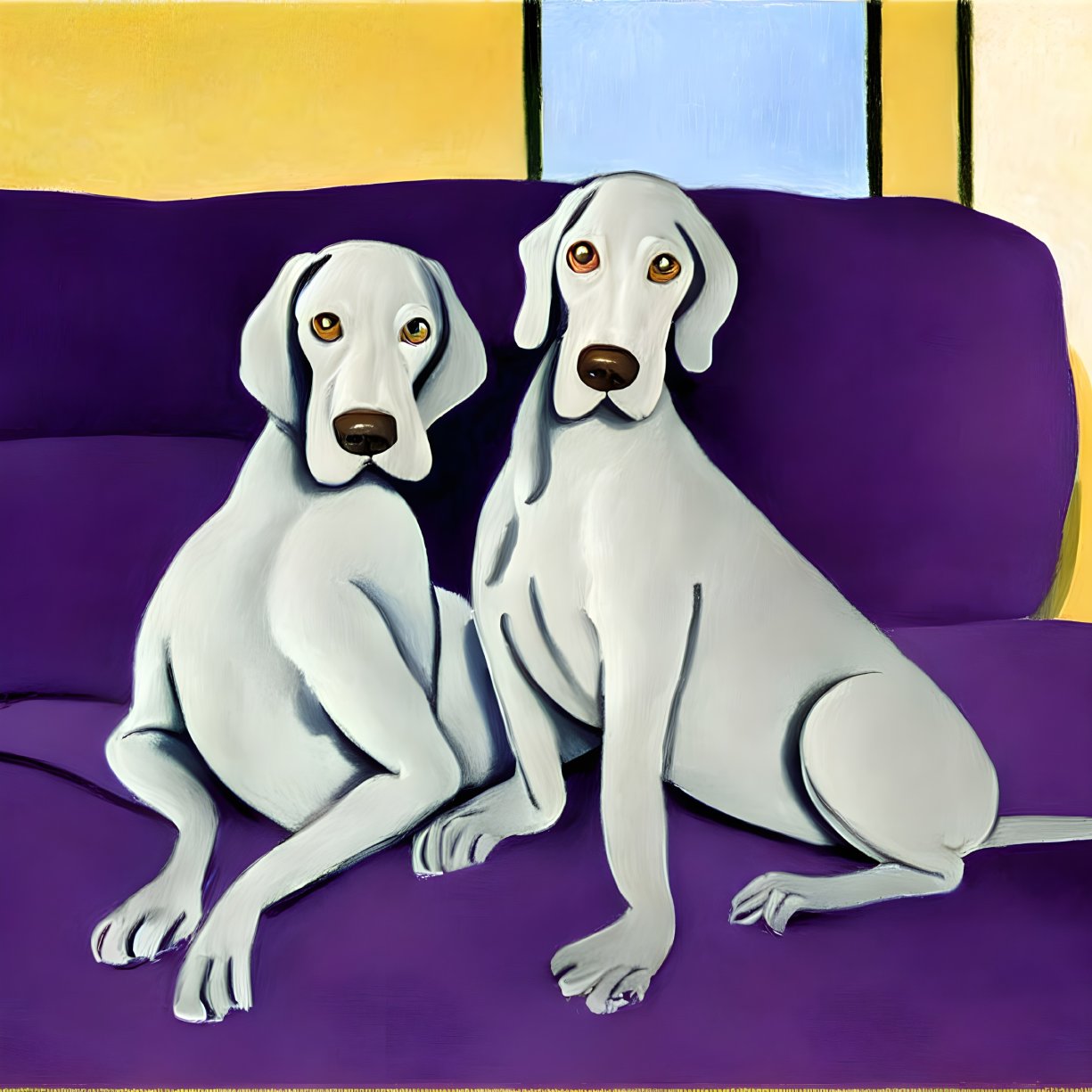 Stylized white dogs on purple sofa against colorful background
