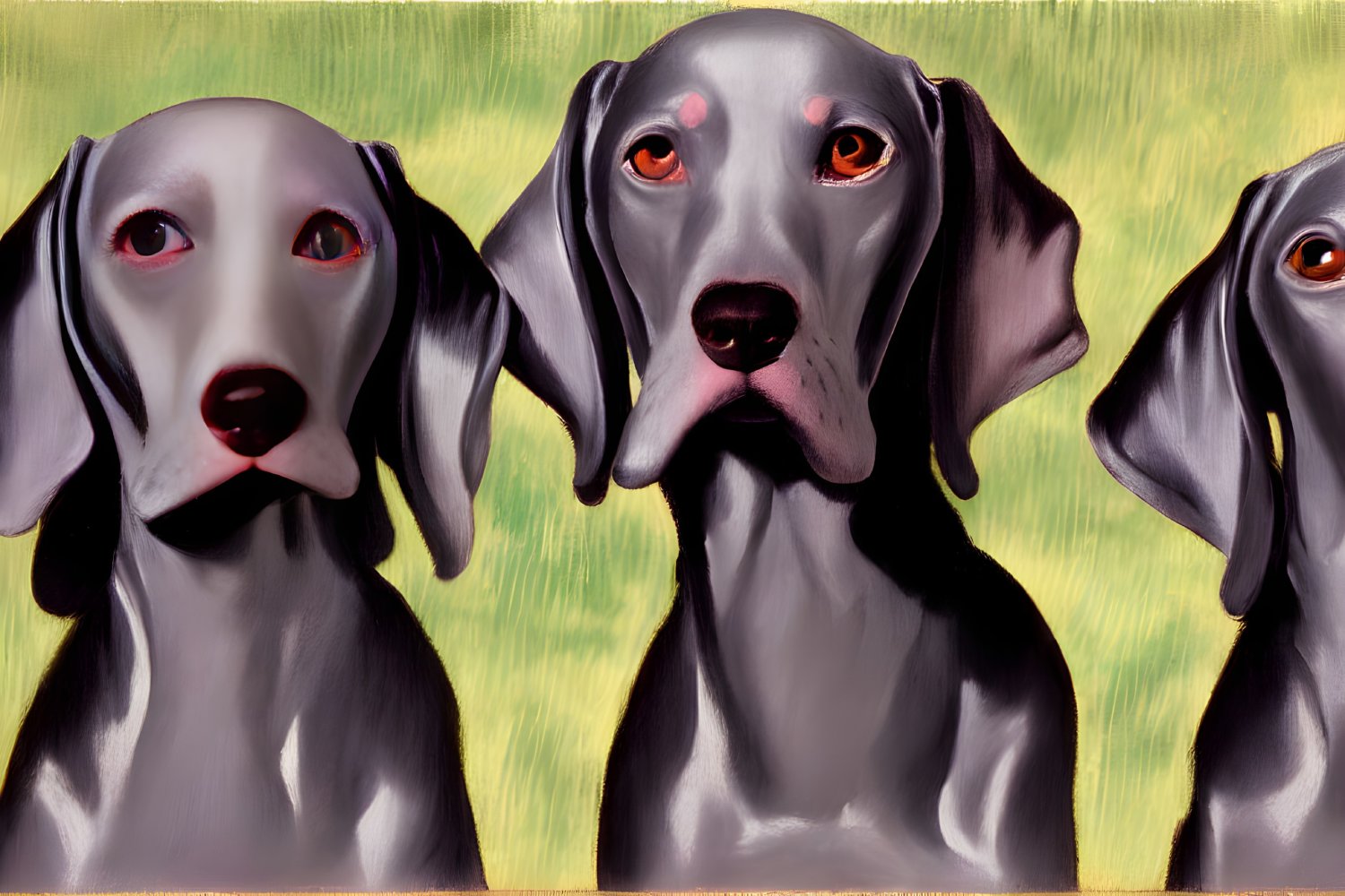 Three Grey Weimaraner Dogs Against Yellow and Green Background