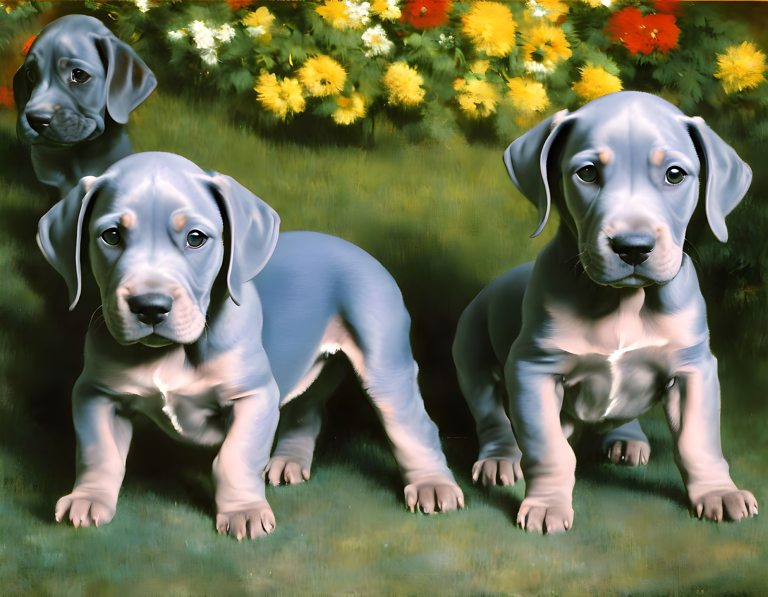 Two grey puppies with blue eyes in front of colorful flowers on dark background