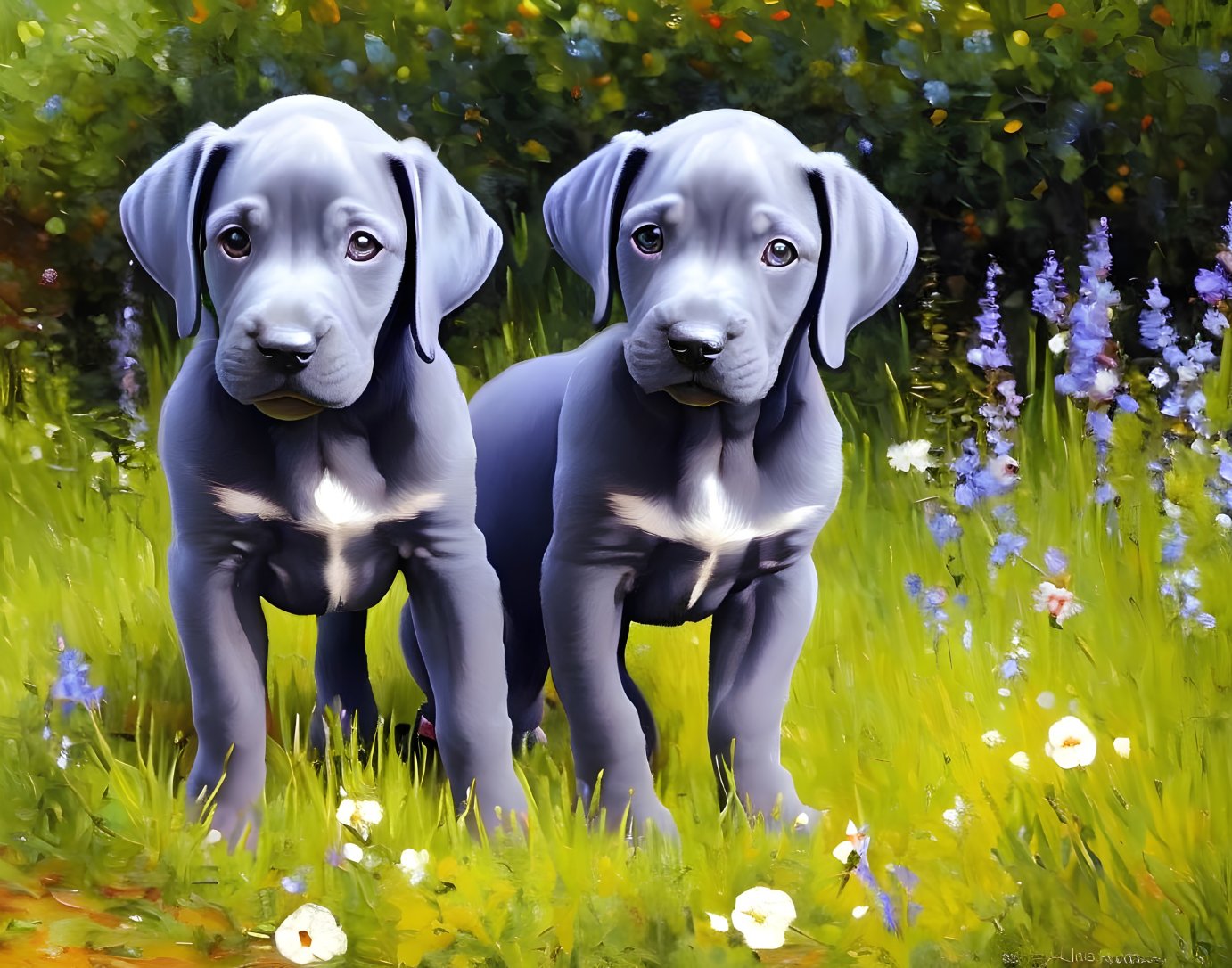 Two Great Dane Puppies in Colorful Garden with Flowers