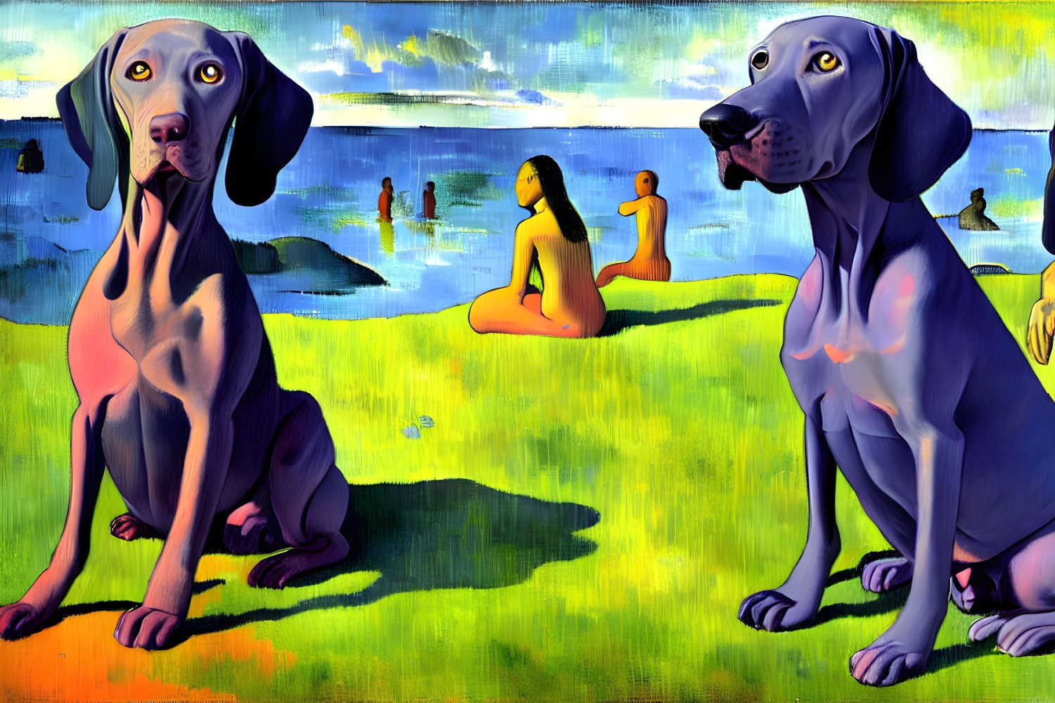 Illustrated Weimaraner dogs in colorful beach scene