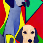 Colorful abstract painting featuring stylized dogs and geometric shapes