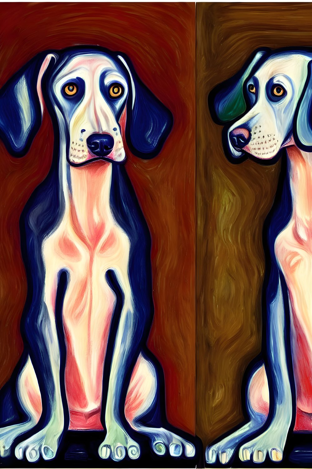 Stylized dog paintings with expressive eyes and vibrant colors