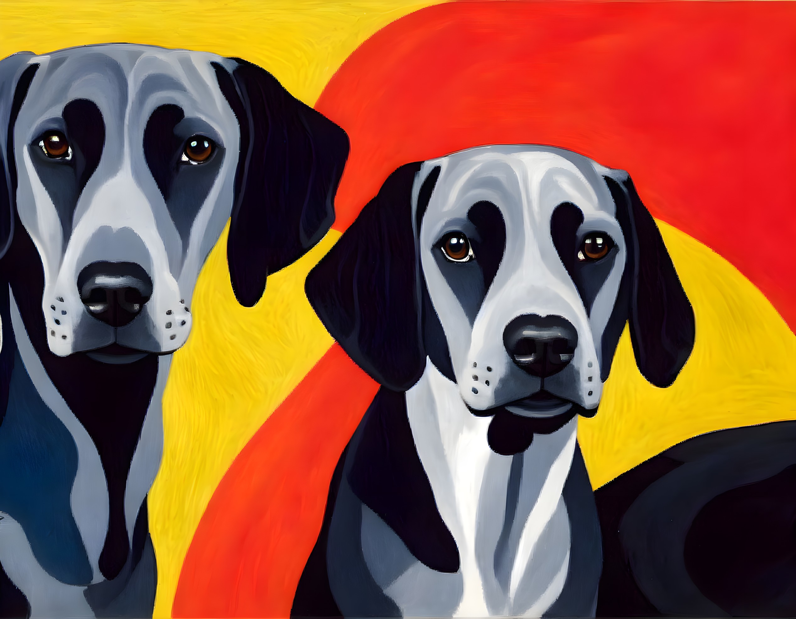 Black and White Dogs on Vibrant Yellow and Red Background Illustration