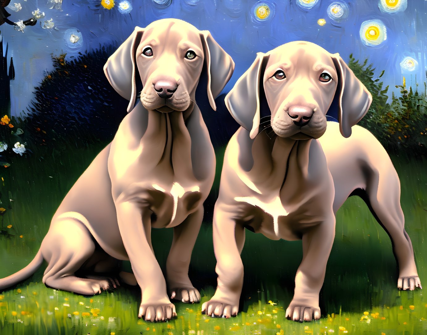 Grey Weimaraner puppies with blue eyes on grass under starry night sky.