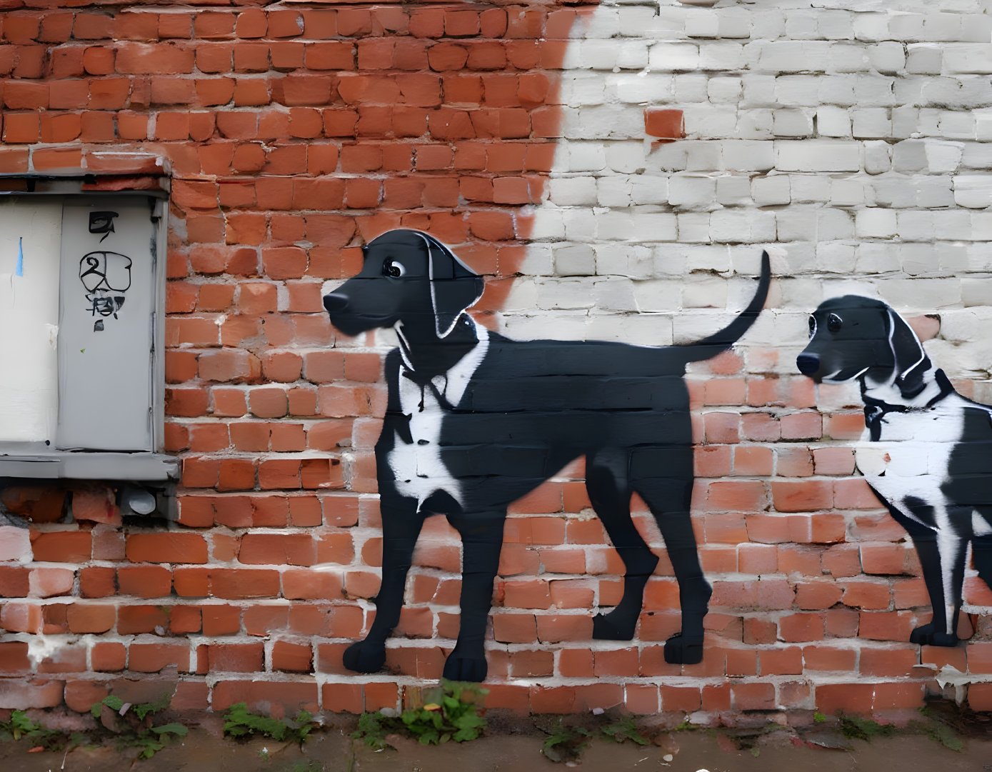 Black and White Dog Murals on Weathered Brick Wall