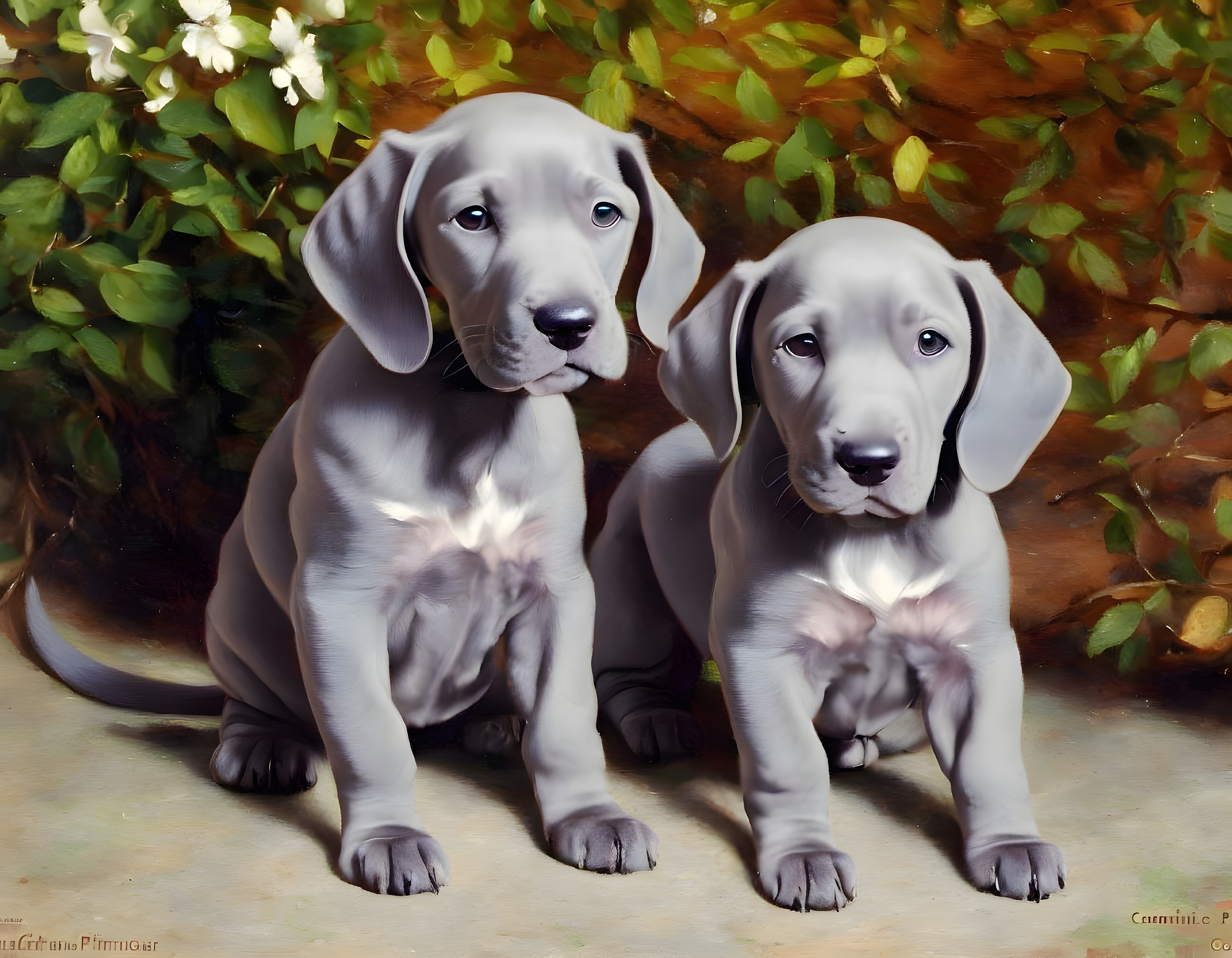 Two Gray Weimaraner Puppies Among Green Foliage and White Flowers