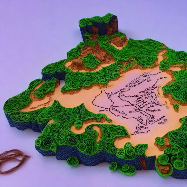 Detailed 3D paper art map with green terrain layers and labeled regions