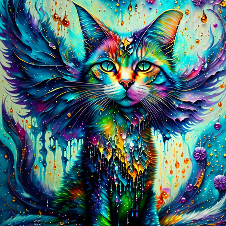 Colorful Psychedelic Cat Painting with Swirling Background