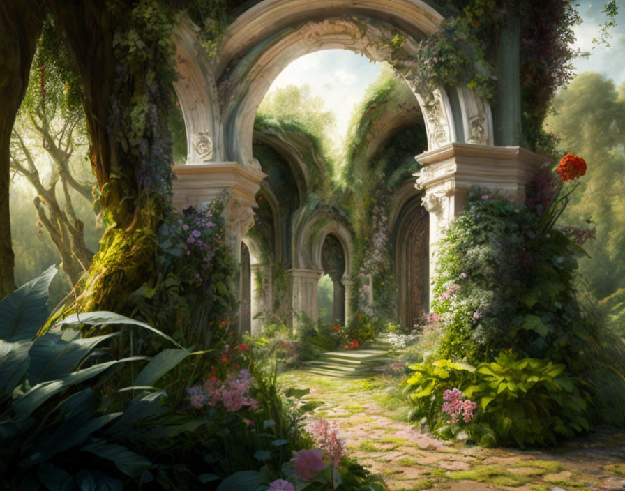 Ancient overgrown arches in lush garden with sunlight and vibrant flowers.