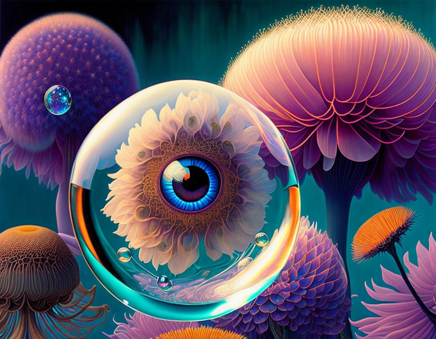 Colorful Surreal Illustration: Large Eye in Bubble with Whimsical Flora