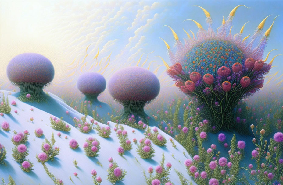 Fantastical surreal landscape with mushroom-like structures and vibrant flowers