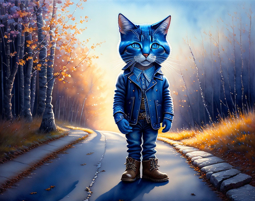 Blue Cat in Denim Jacket and Boots Stands on Forest Road