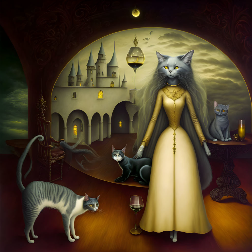 Anthropomorphic cat in long dress with four cats in fantasy castle setting