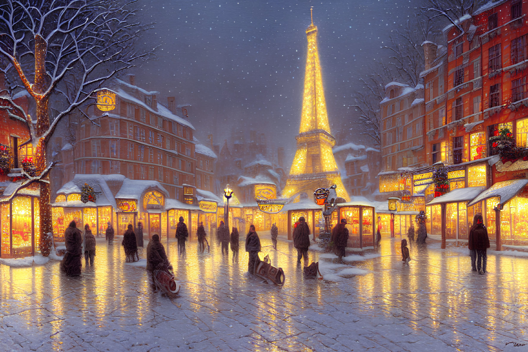 Snowfall in Paris: Eiffel Tower Sparkling in Winter Evening