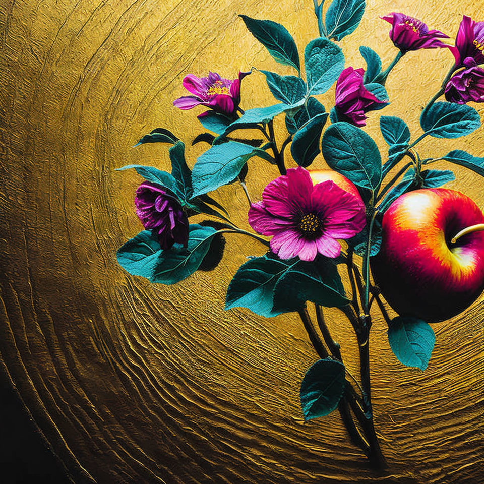Detailed depiction of flowering branch with purple blooms, red apple, and textured golden background