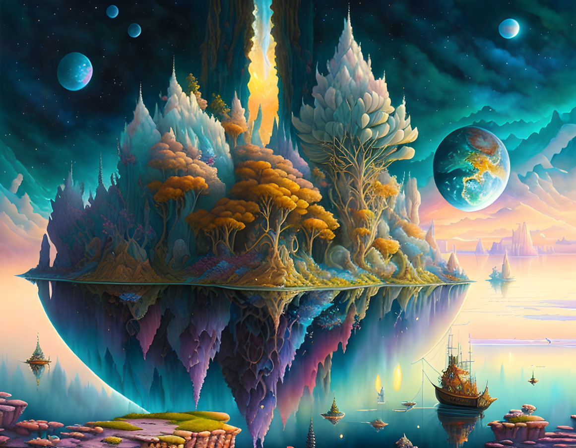 Fantastical floating island with lush forests and crystal-like structures under multiple moons and earth-like planet view
