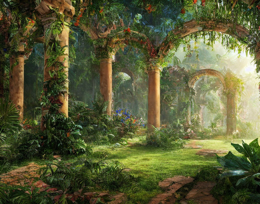 Serene garden with ancient columns, vibrant flowers, and archways