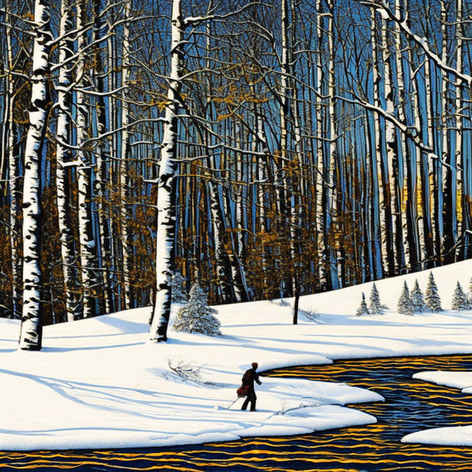 Winter scene: Cross-country skier in snowy landscape with river and bare trees