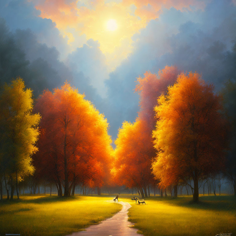 Tranquil autumn landscape with orange trees, sun glow, and deer crossing path