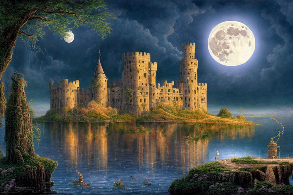Moonlit lake castle scene with fishing person and swans