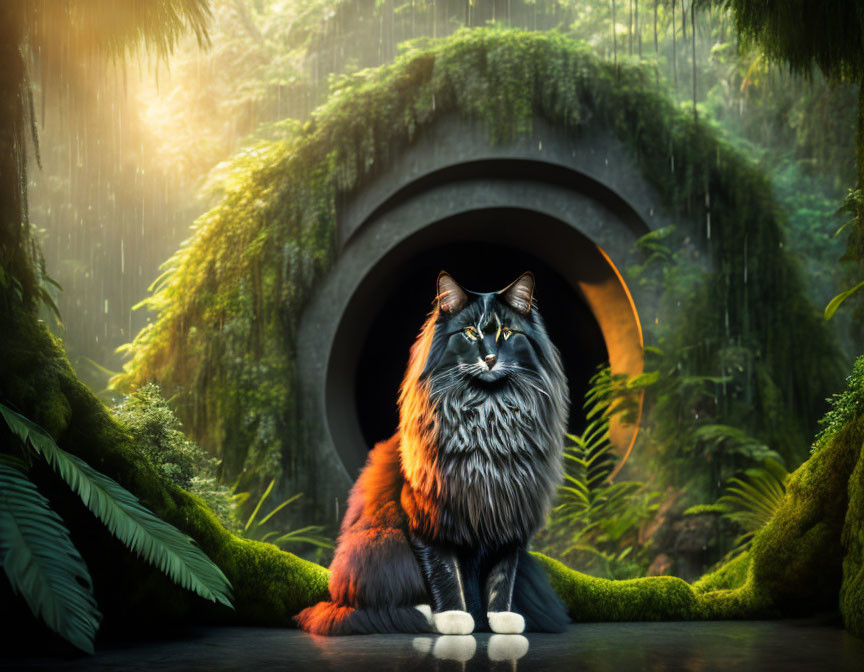 Long-haired cat in front of mystical forest tunnel entrance with lush greenery and soft sunlight.