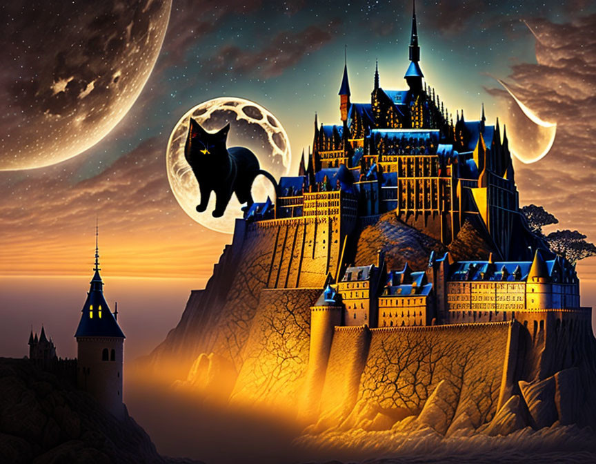 Castle on Cliff at Night with Full Moon and Black Cat