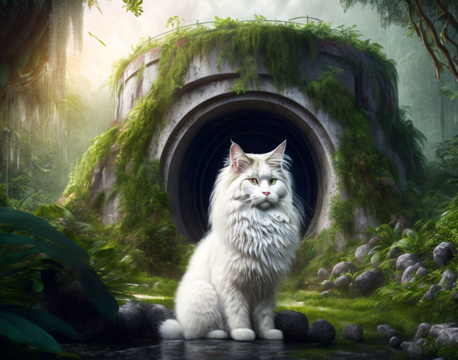 White Cat in Front of Tunnel Entrance in Enchanting Forest