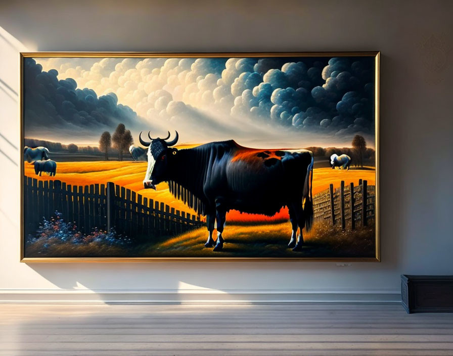 Large Painting of Bull and Cows in Rural Landscape with Dramatic Clouds