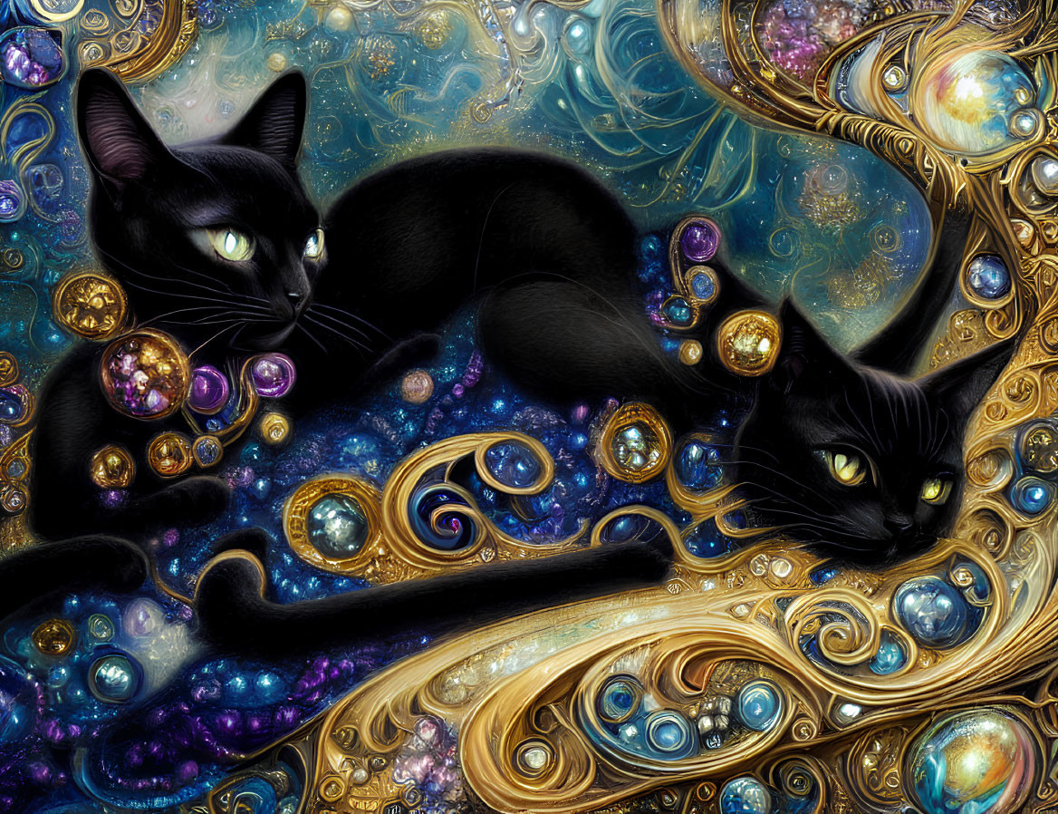 Two Black Cats with Glowing Eyes in Cosmic Swirls