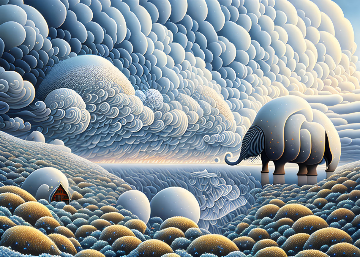 Surreal landscape with elephant, stylized clouds, spherical formations, and small house in blue and