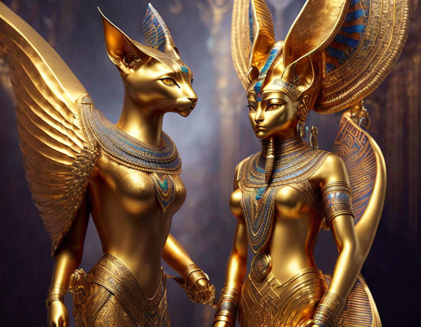 Golden Sphinx-like Creature and Egyptian Goddess Statues in Ancient Attire