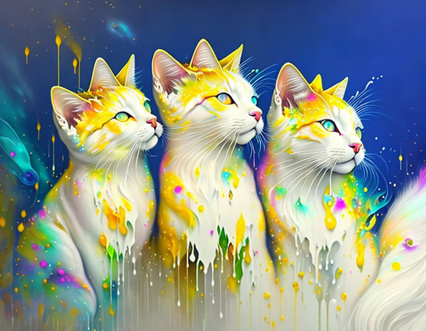 Colorful Artistic Cats with Paint Splashes on Starry Blue Background