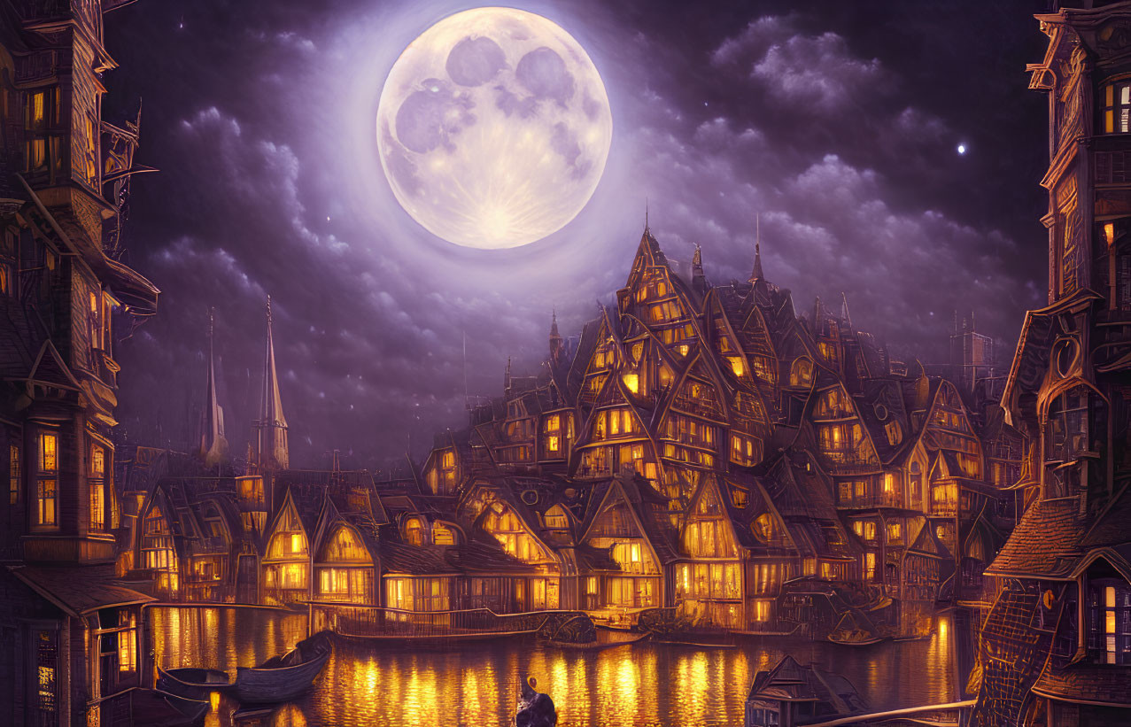 Moonlit old-fashioned town scene with paw print-like craters over calm waters